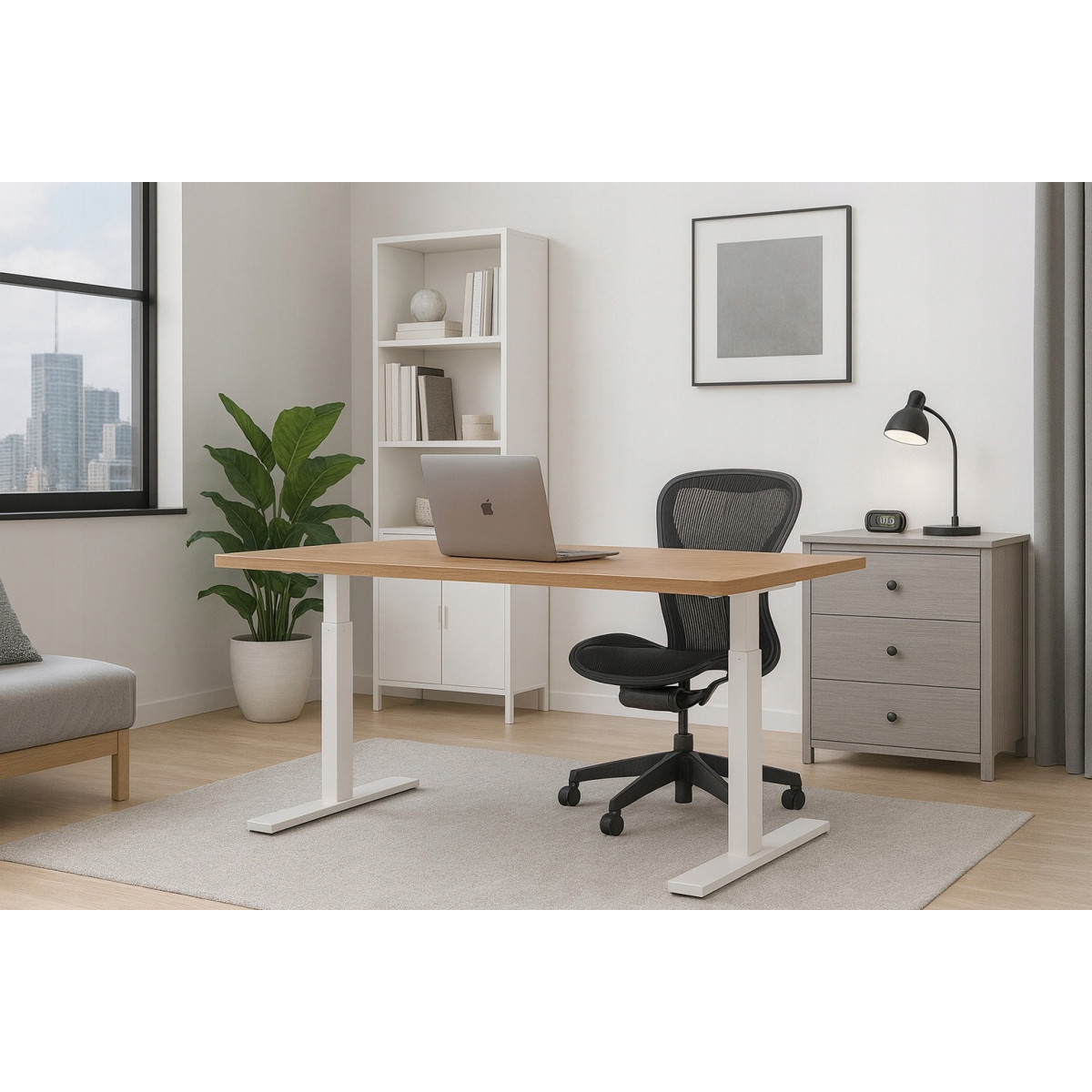 Birou computer ajustabilă 140cm, arin cu picioare albe, LED