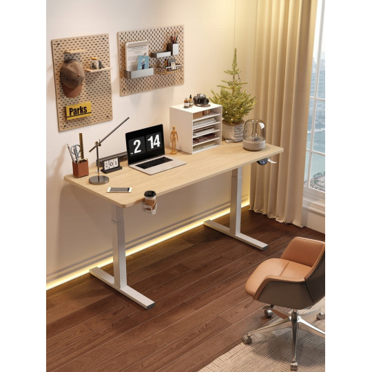 Birou computer ajustabilă 140cm, arin cu picioare albe, LED