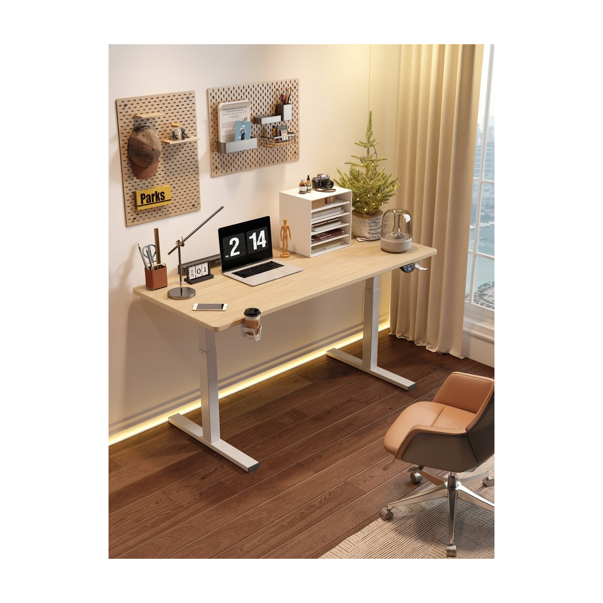 Birou computer ajustabilă 140cm, arin cu picioare albe, LED