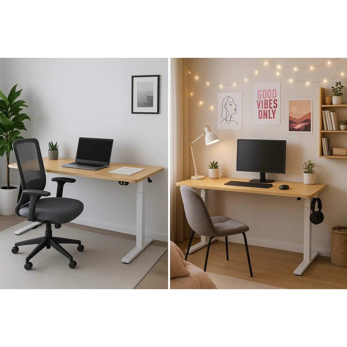 Birou computer ajustabilă 140cm, arin cu picioare albe, LED