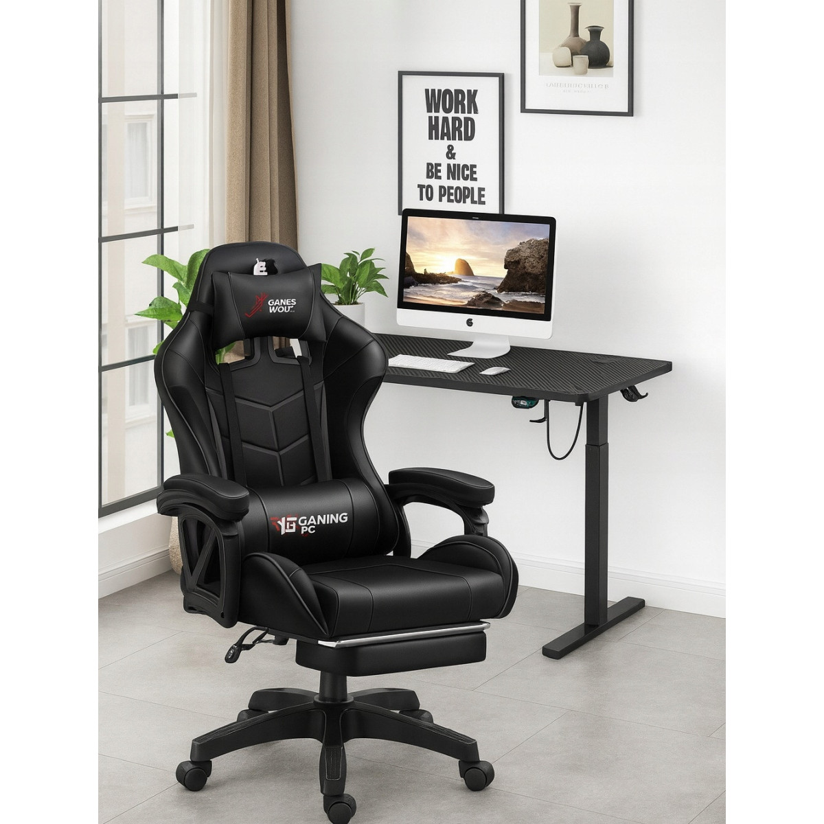 Masă de joc ajustabilă pe înălțime 120 cm, neagră, cu LED