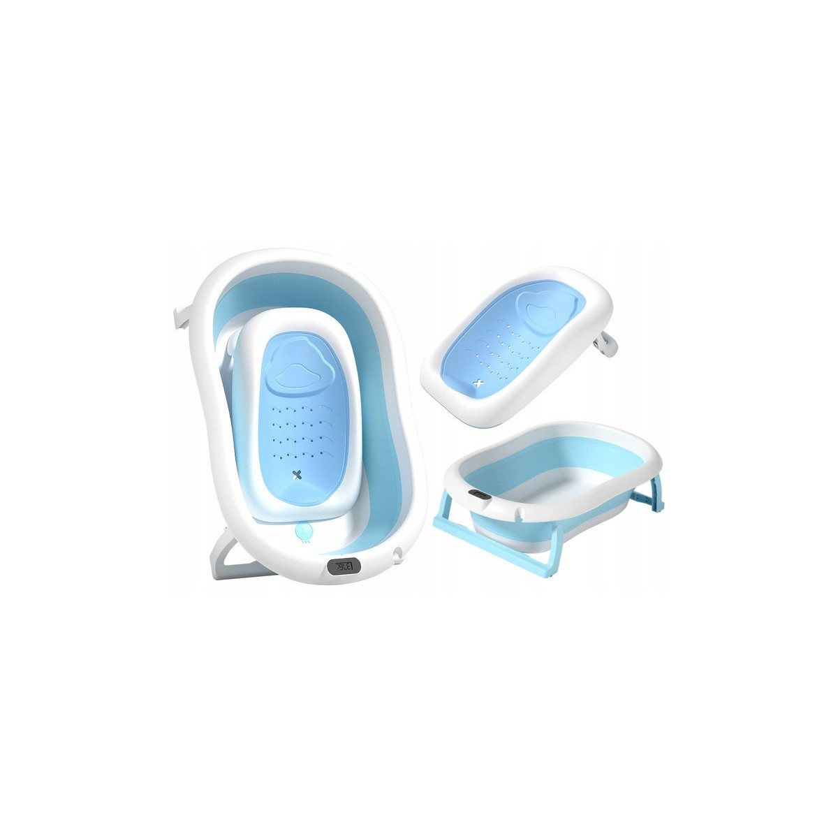 Vaniță pentru copii Ariel, pliabilă, de culoare albastră, cu leagăn și termometru.