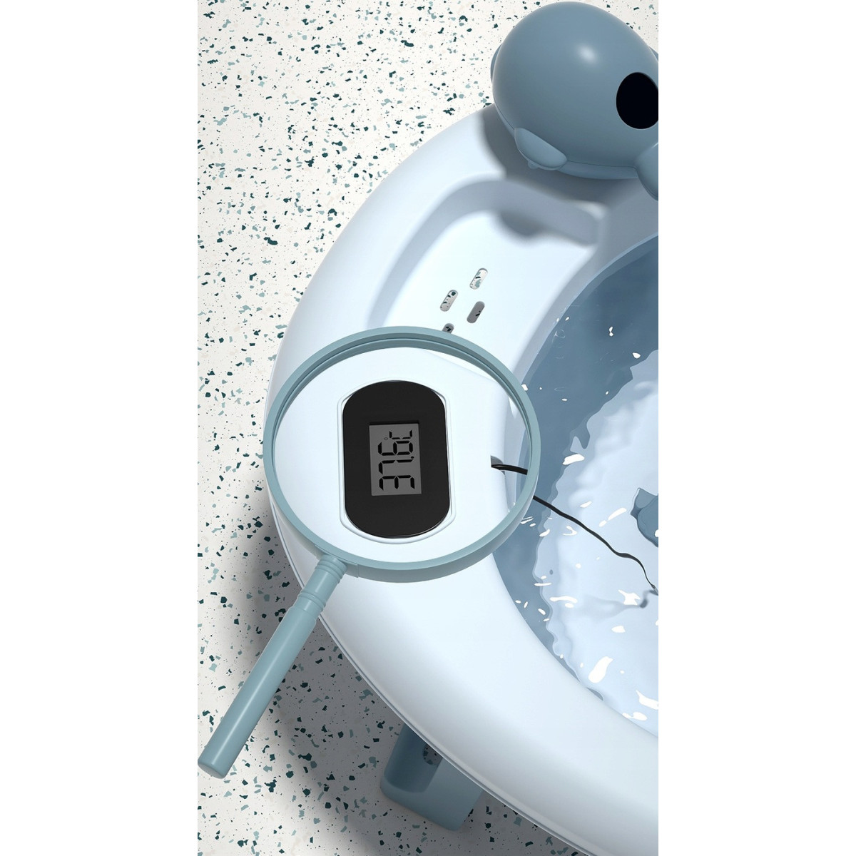 Cada pliabilă pentru copii VAIANA, cu pernă, termometru și jucărie, culoare albastră