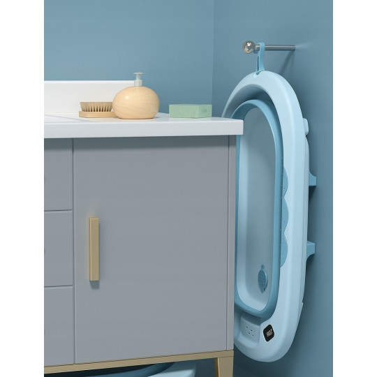 Cada pliabilă pentru copii VAIANA, cu pernă, termometru și jucărie, culoare albastră