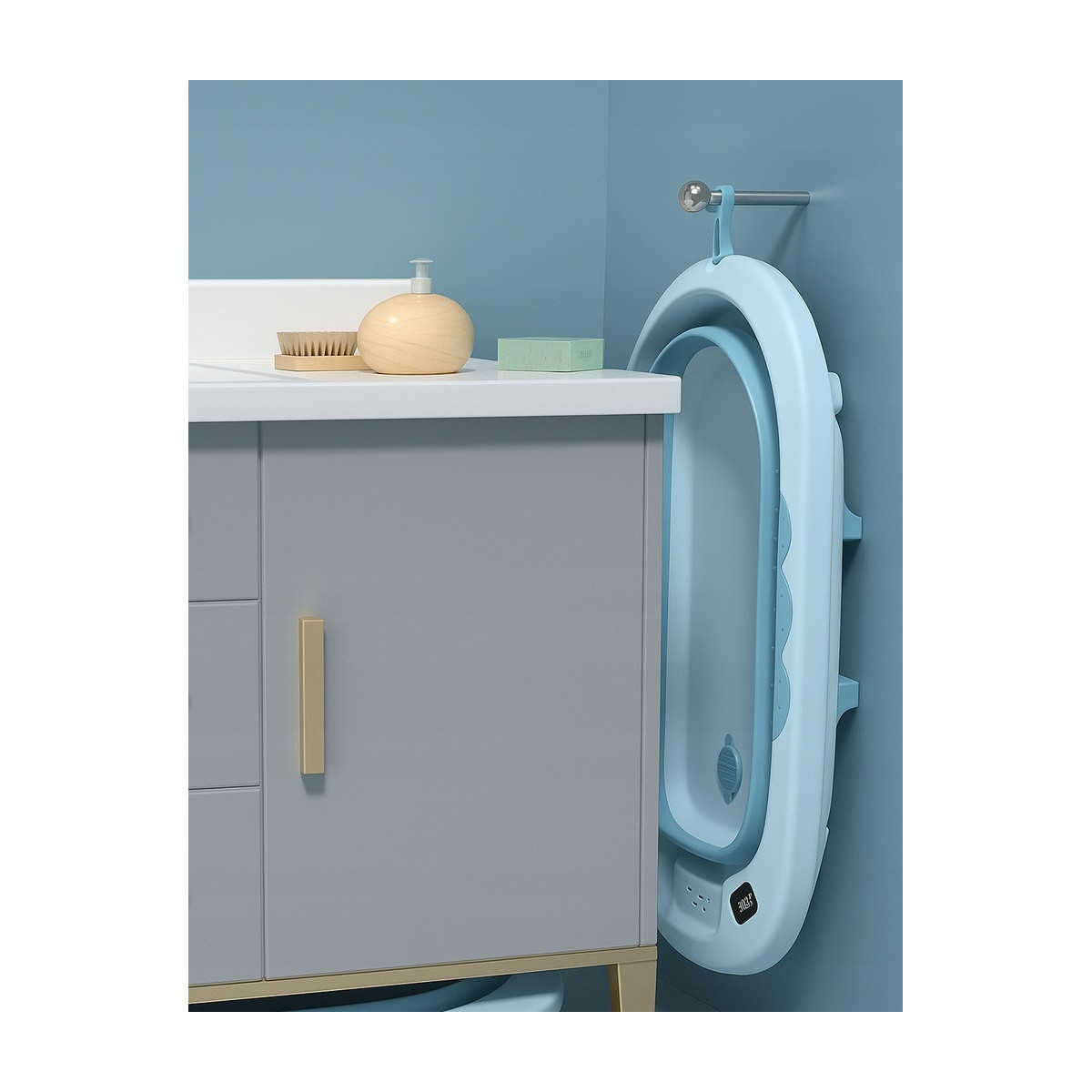 Cada pliabilă pentru copii VAIANA, cu pernă, termometru și jucărie, culoare albastră