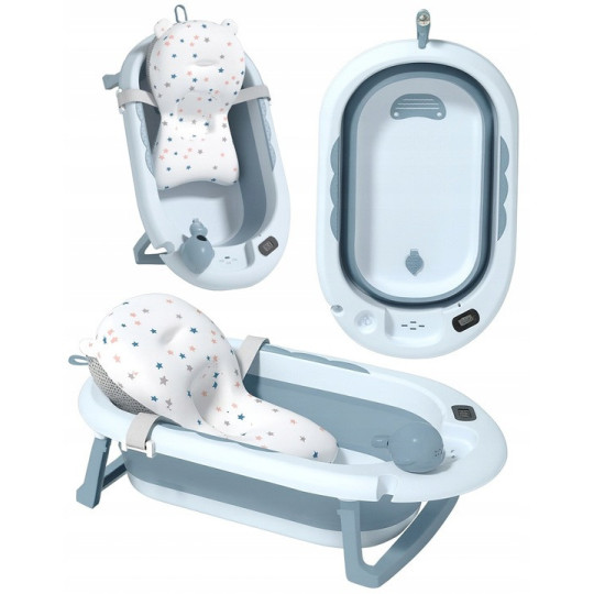 Cada pliabilă pentru copii VAIANA, cu pernă, termometru și jucărie, culoare albastră