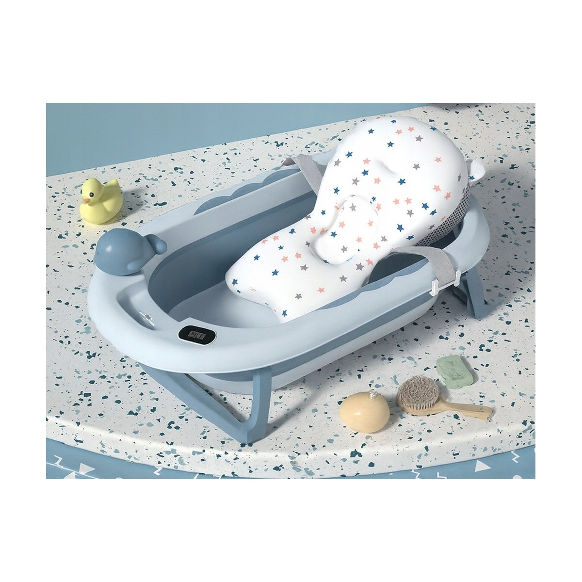 Cada pliabilă pentru copii VAIANA, cu pernă, termometru și jucărie, culoare albastră