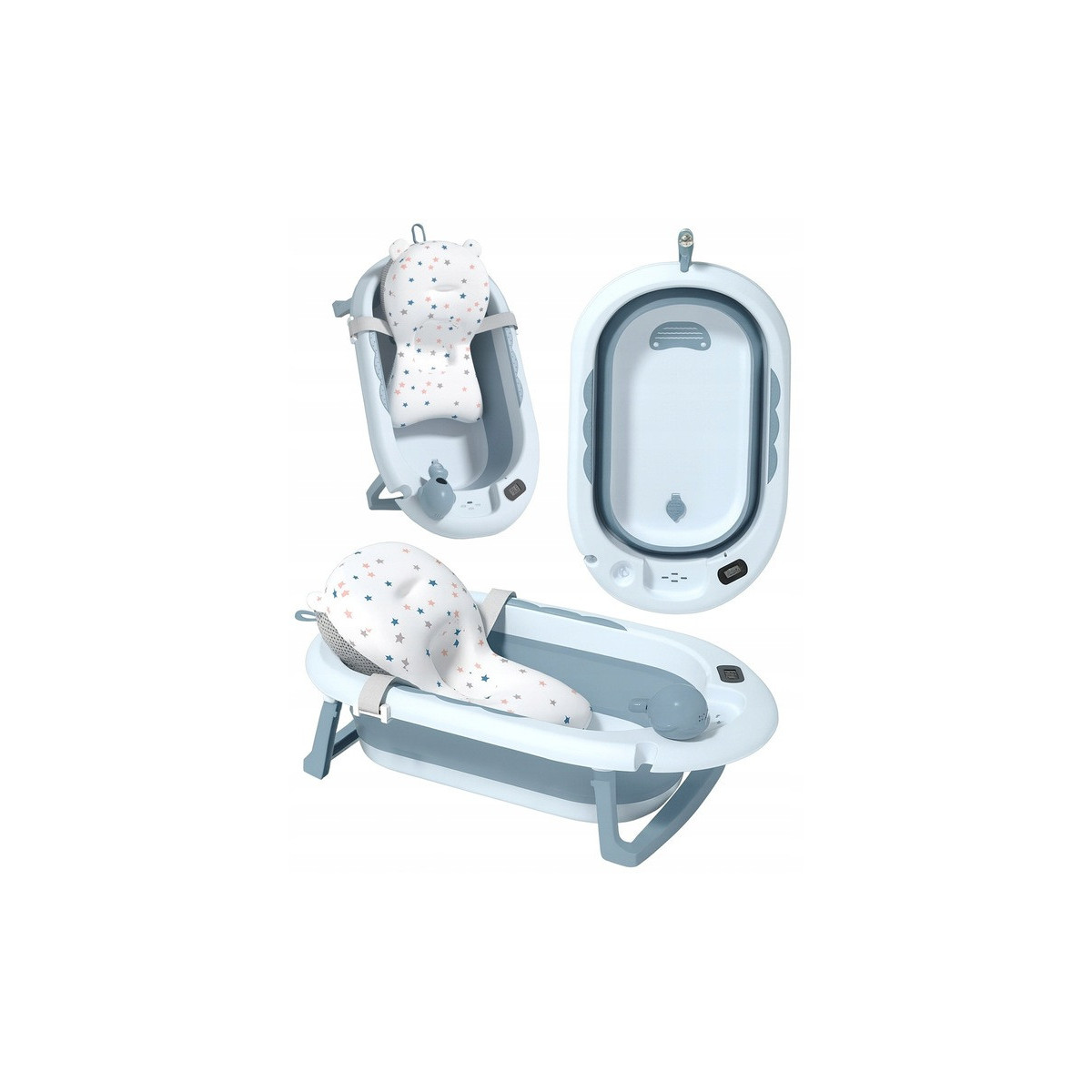 Basină pentru copii pliabilă cu suport, pernuță și jucărie de culoare albastră