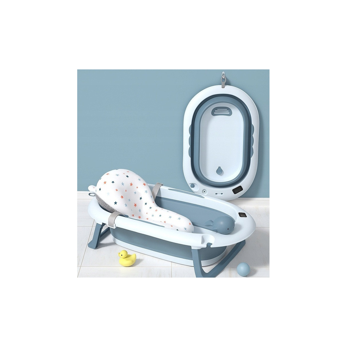 Basină pentru copii pliabilă cu suport, pernuță și jucărie de culoare albastră