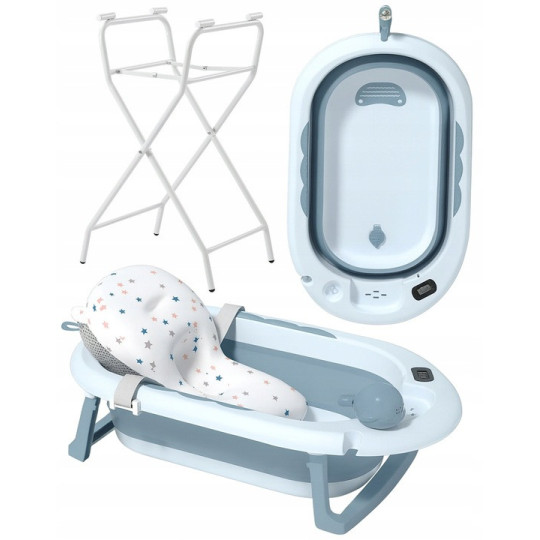Basină pentru copii pliabilă cu suport, pernuță și jucărie de culoare albastră
