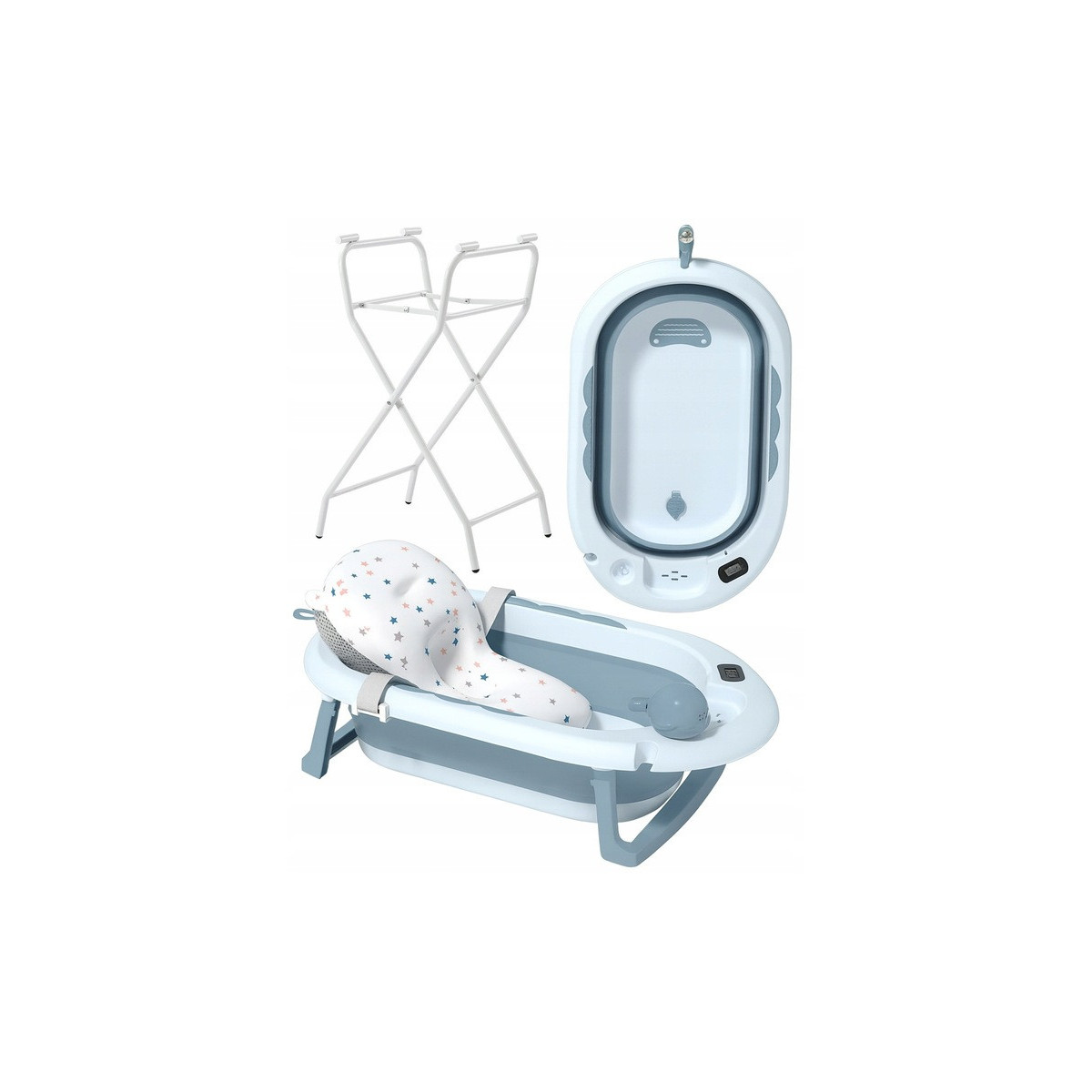 Basină pentru copii pliabilă cu suport, pernuță și jucărie de culoare albastră