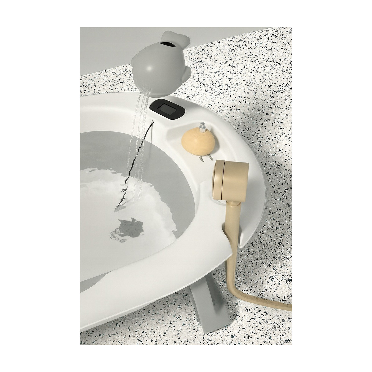 Cadă pentru bebeluși cu suport, saltea și jucărie, gri