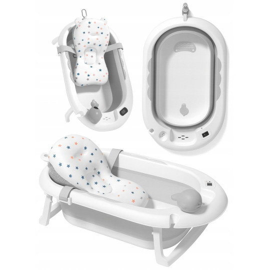 Cadă pentru bebeluși cu suport, saltea și jucărie, gri