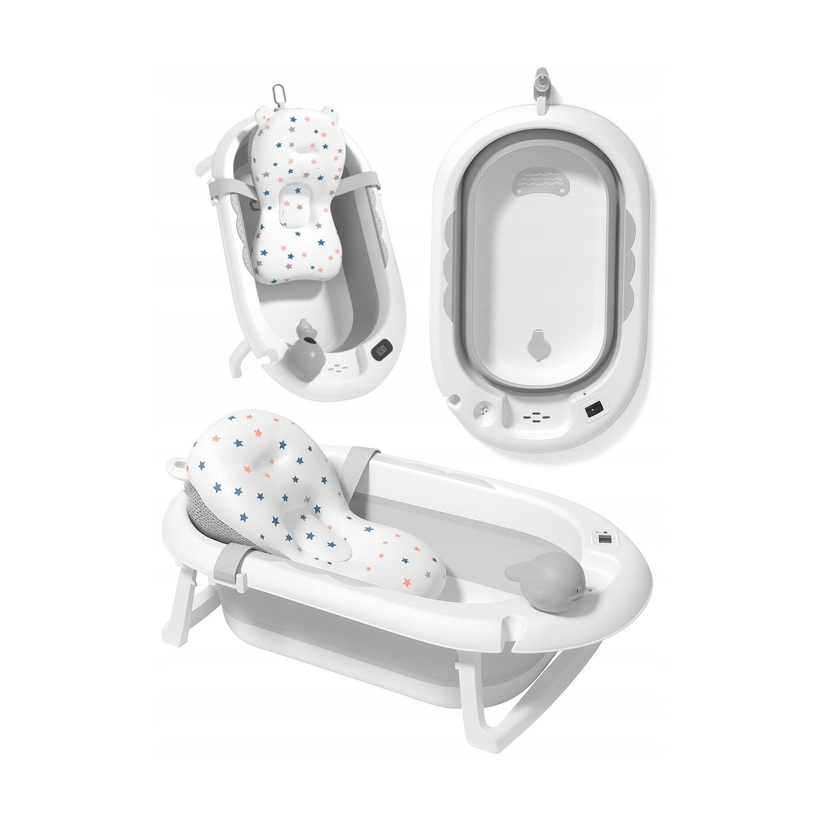 Cadă pentru bebeluși cu suport, saltea și jucărie, gri