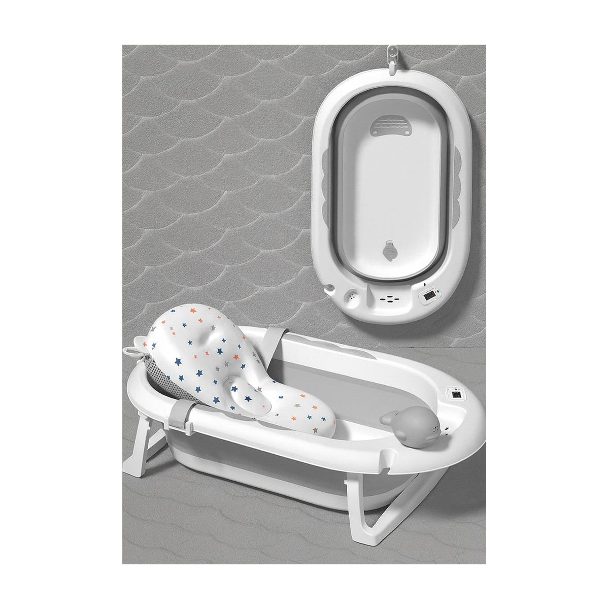 Cadă pentru bebeluși cu suport, saltea și jucărie, gri