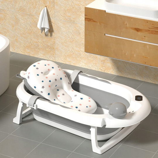 Cadă pentru bebeluși cu suport, saltea și jucărie, gri