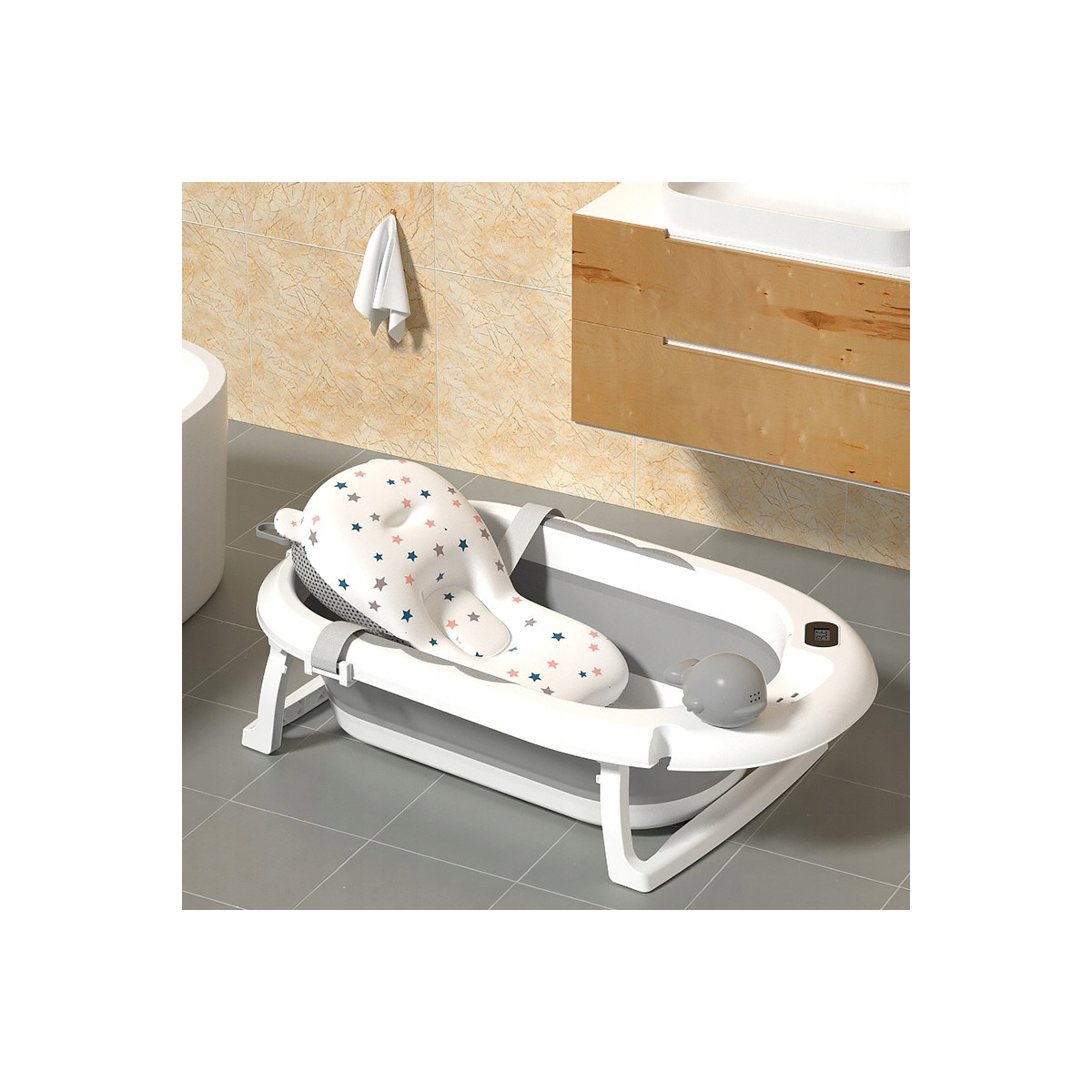 Cadă pentru bebeluși cu suport, saltea și jucărie, gri