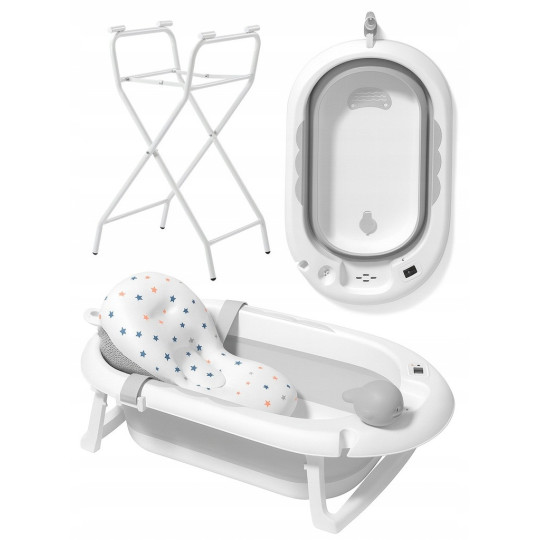 Cadă pentru bebeluși cu suport, saltea și jucărie, gri