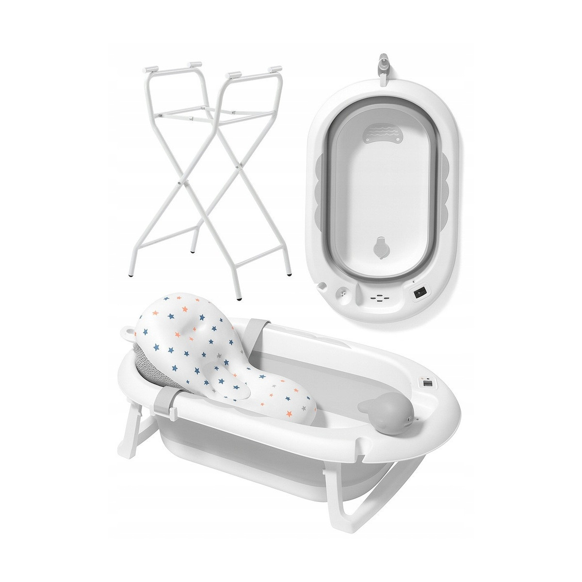 Cadă pentru bebeluși cu suport, saltea și jucărie, gri