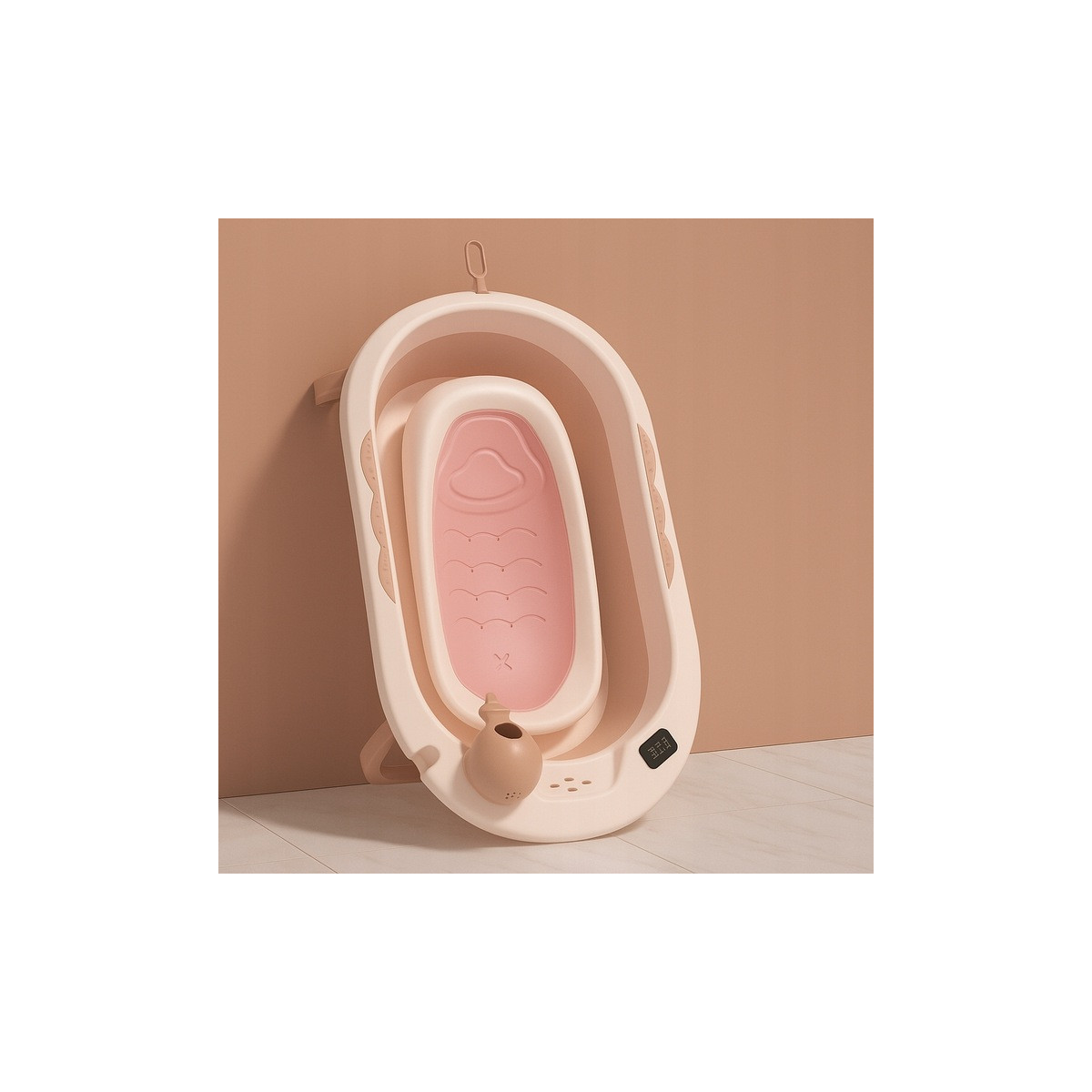 Baia Vaiana cu suport, termometru și jucărie de culoare roz pal.