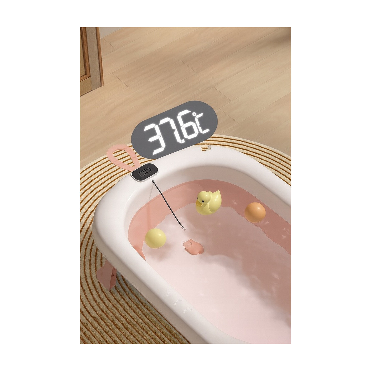 Cadă OLAF cu pernă, suport și termometru în culoarea roz