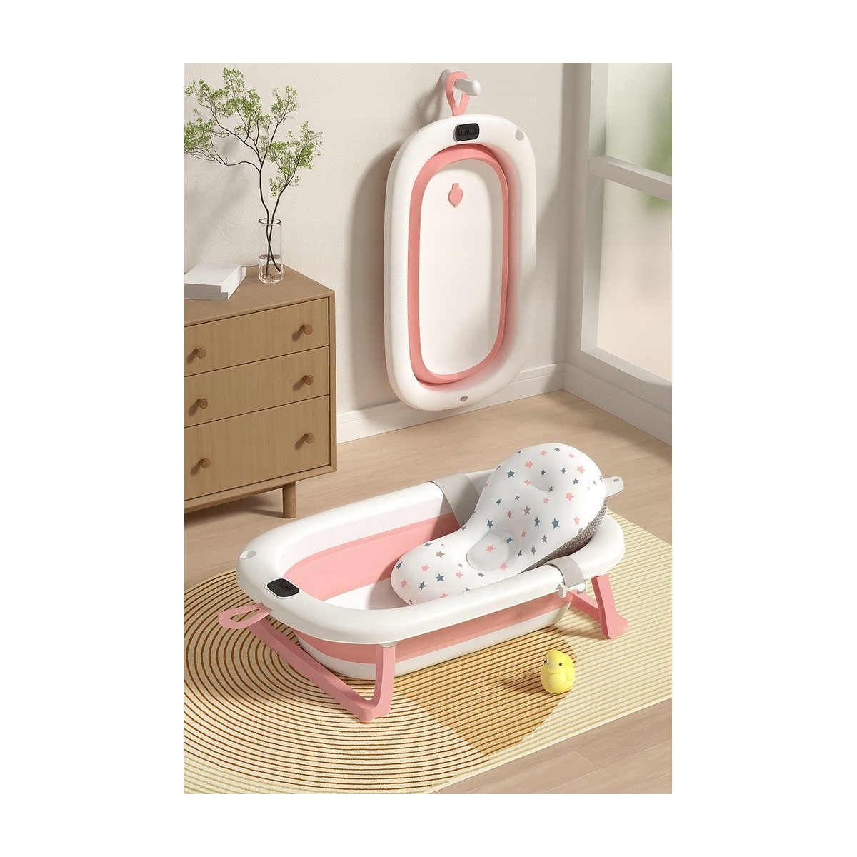 Cadă OLAF cu pernă, suport și termometru în culoarea roz