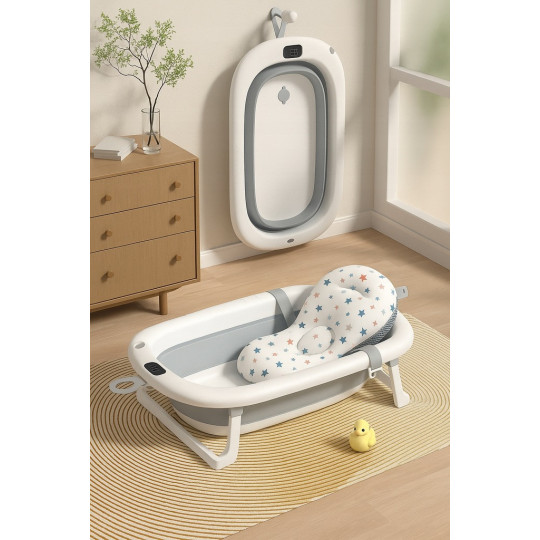 Cada de baie gri OLAF pentru bebeluși cu perna și termometru