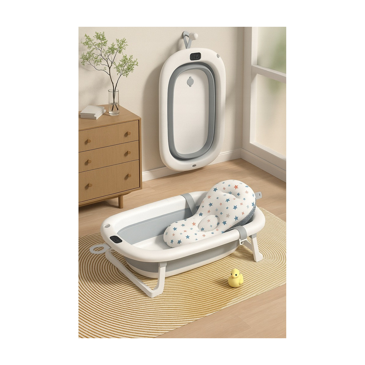 Cada de baie gri OLAF pentru bebeluși cu perna și termometru