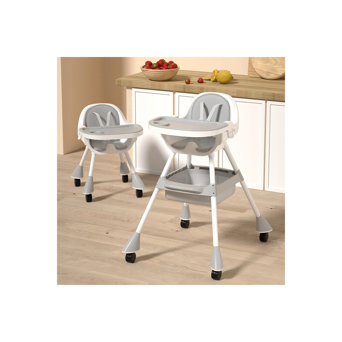 Scaun de dining pliabil 4 în 1 pentru copii cu tavă de culoare gri și CADOU