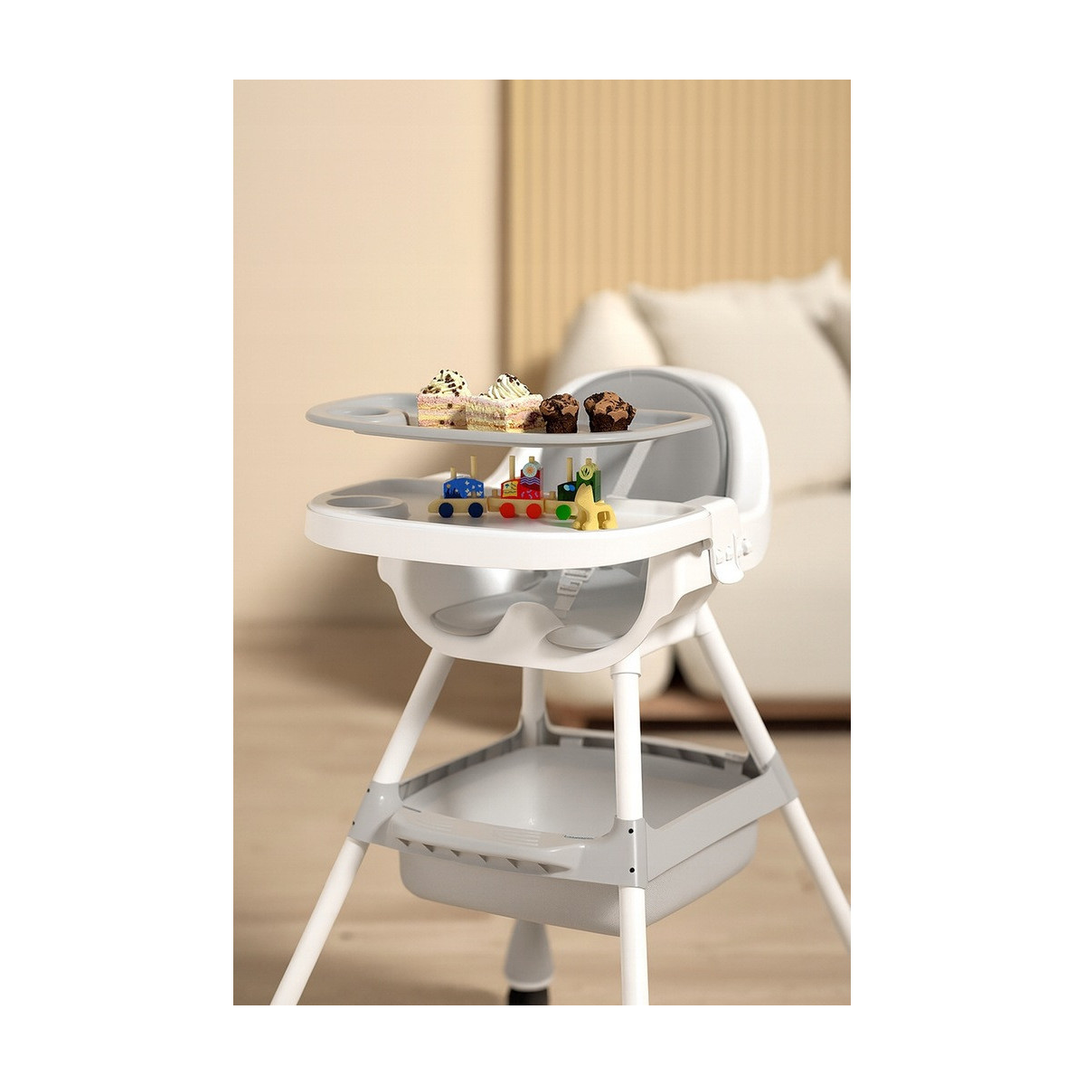 Scaun de dining pliabil 4 în 1 pentru copii cu tavă de culoare gri și CADOU