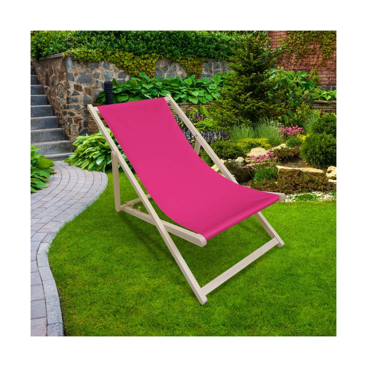 Lehátko din lemn cu un roz tare roz.