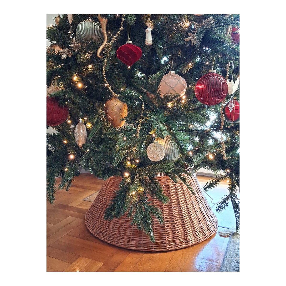 Culoare bej, coș de ratan de Crăciun pentru brad, diametru 70 cm