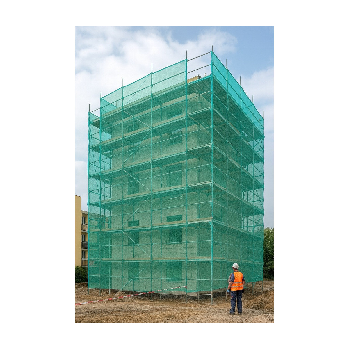 O rețea de protecție pentru schele, de culoare verde, 3,07 × 10 m