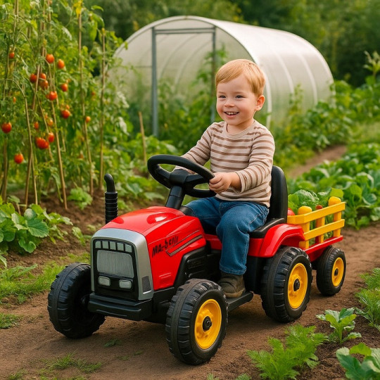 Tractor cu acumulator de culoare roșie cu remorcă
