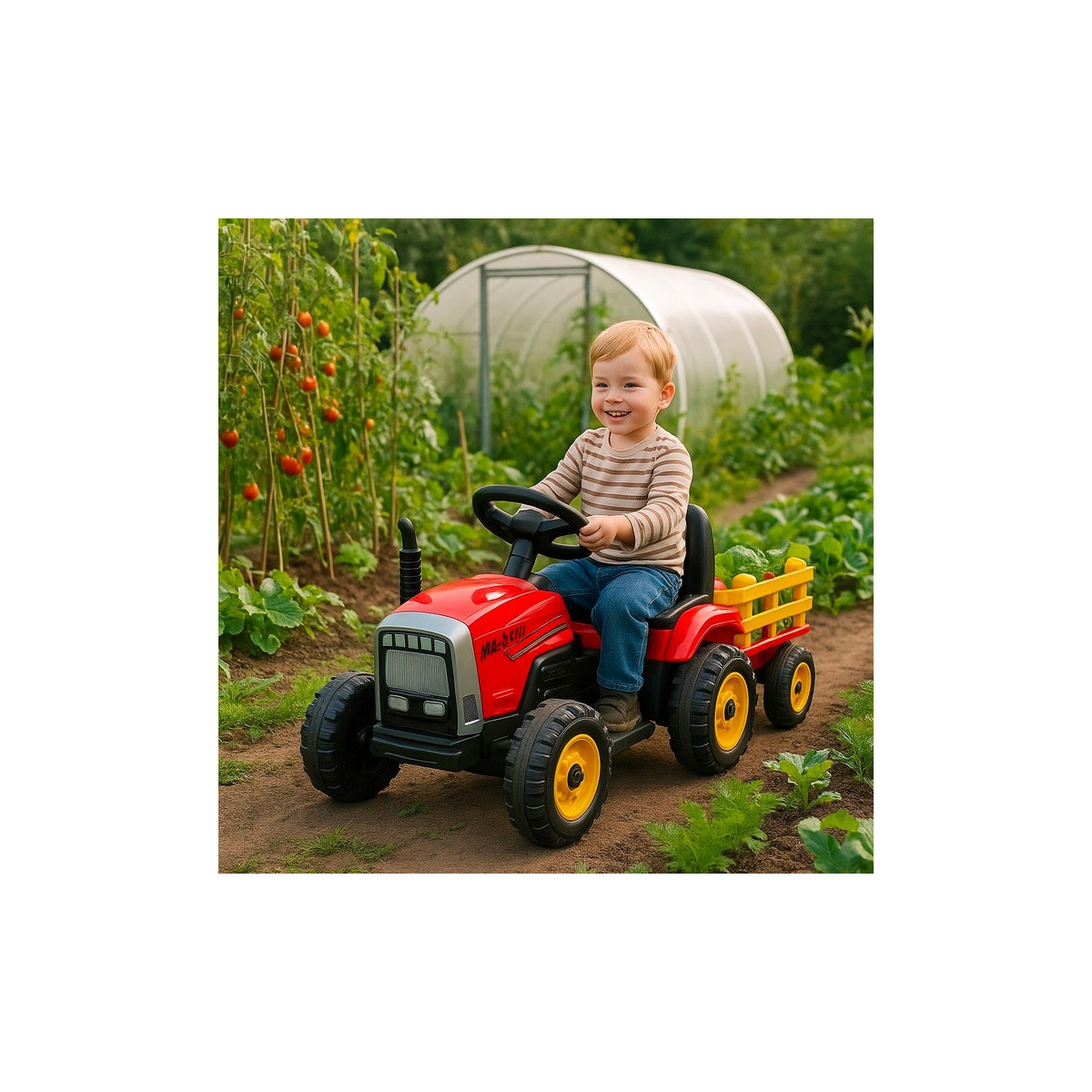 Tractor cu acumulator de culoare roșie cu remorcă