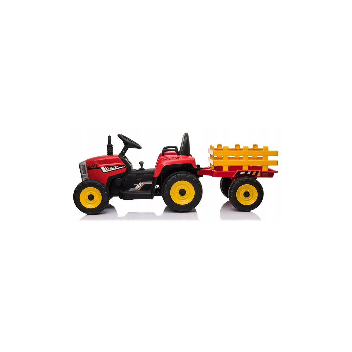 Tractor cu acumulator de culoare roșie cu remorcă
