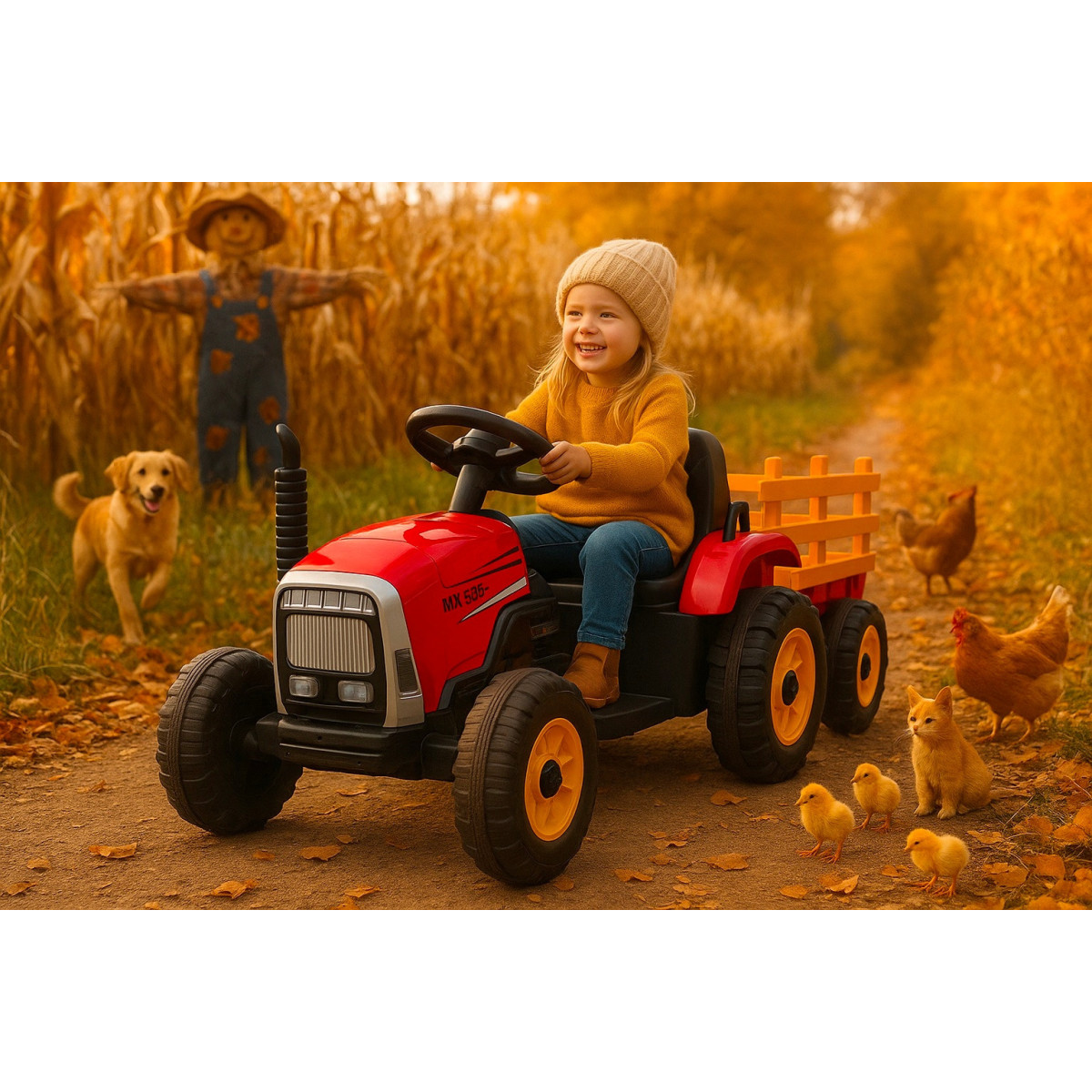 Tractor cu acumulator de culoare roșie cu remorcă