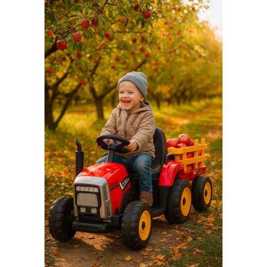 Tractor cu acumulator de culoare roșie cu remorcă