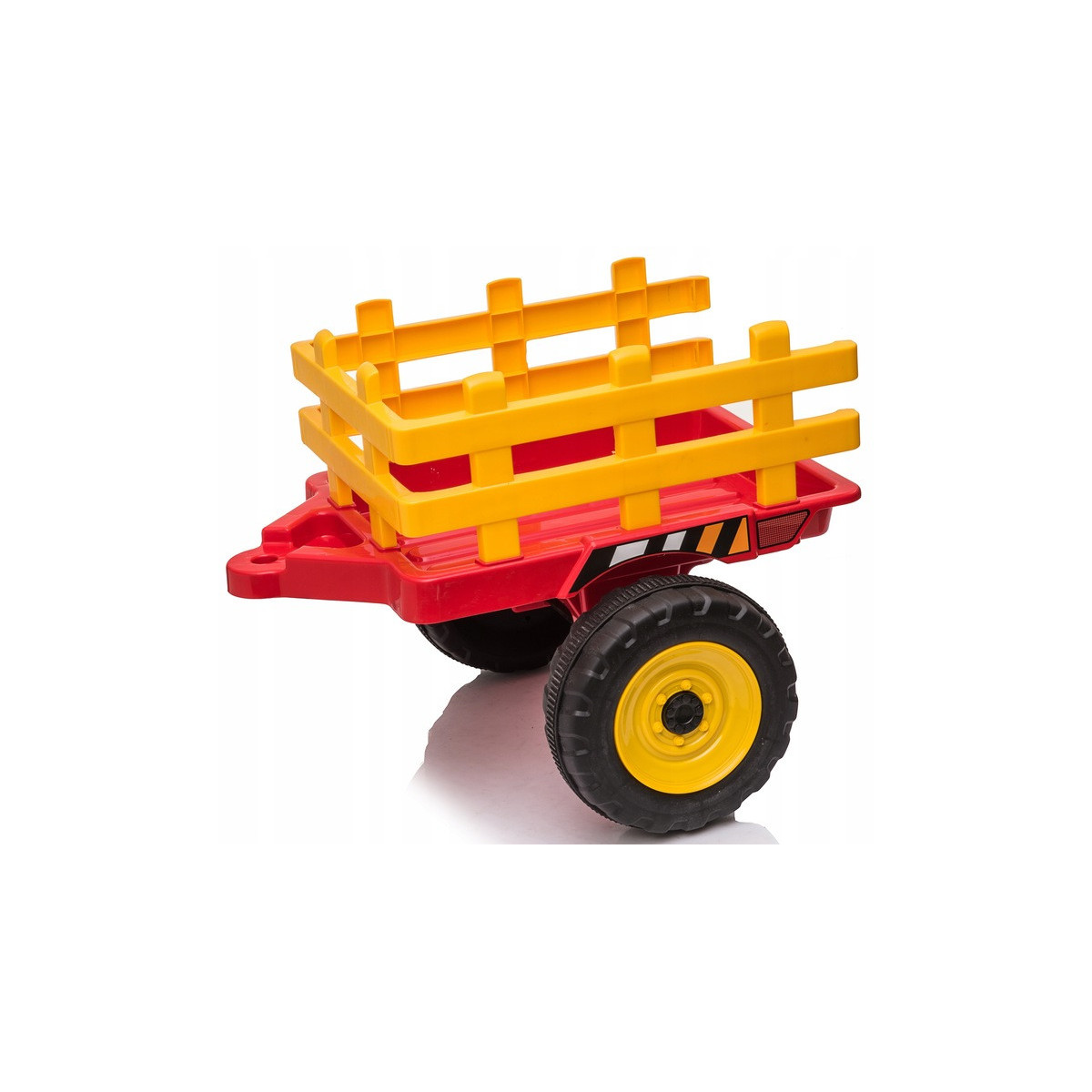 Tractor cu acumulator de culoare roșie cu remorcă