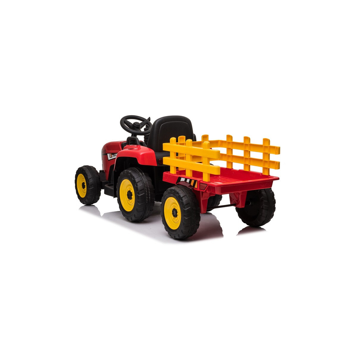 Tractor cu acumulator de culoare roșie cu remorcă