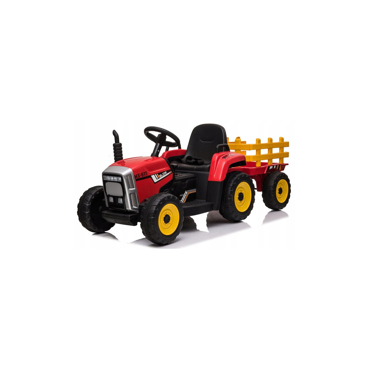 Tractor cu acumulator de culoare roșie cu remorcă