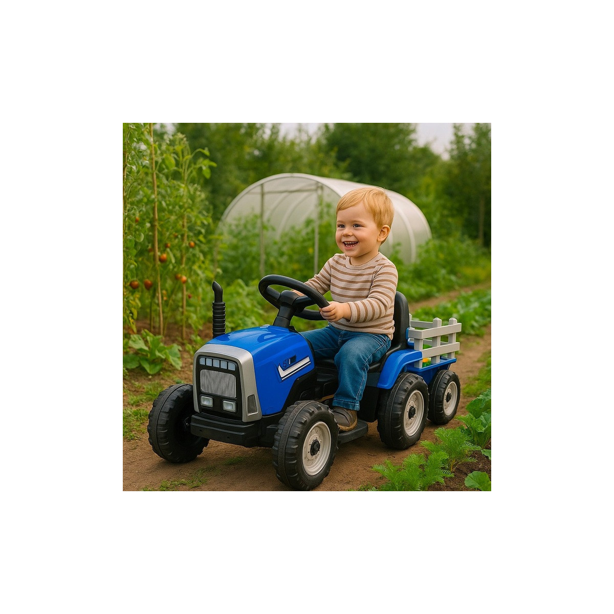 Tractor albastru pentru copii cu remorcă