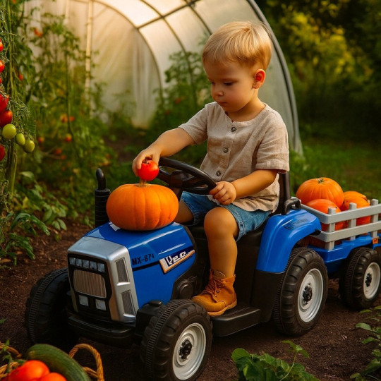 Tractor albastru pentru copii cu remorcă