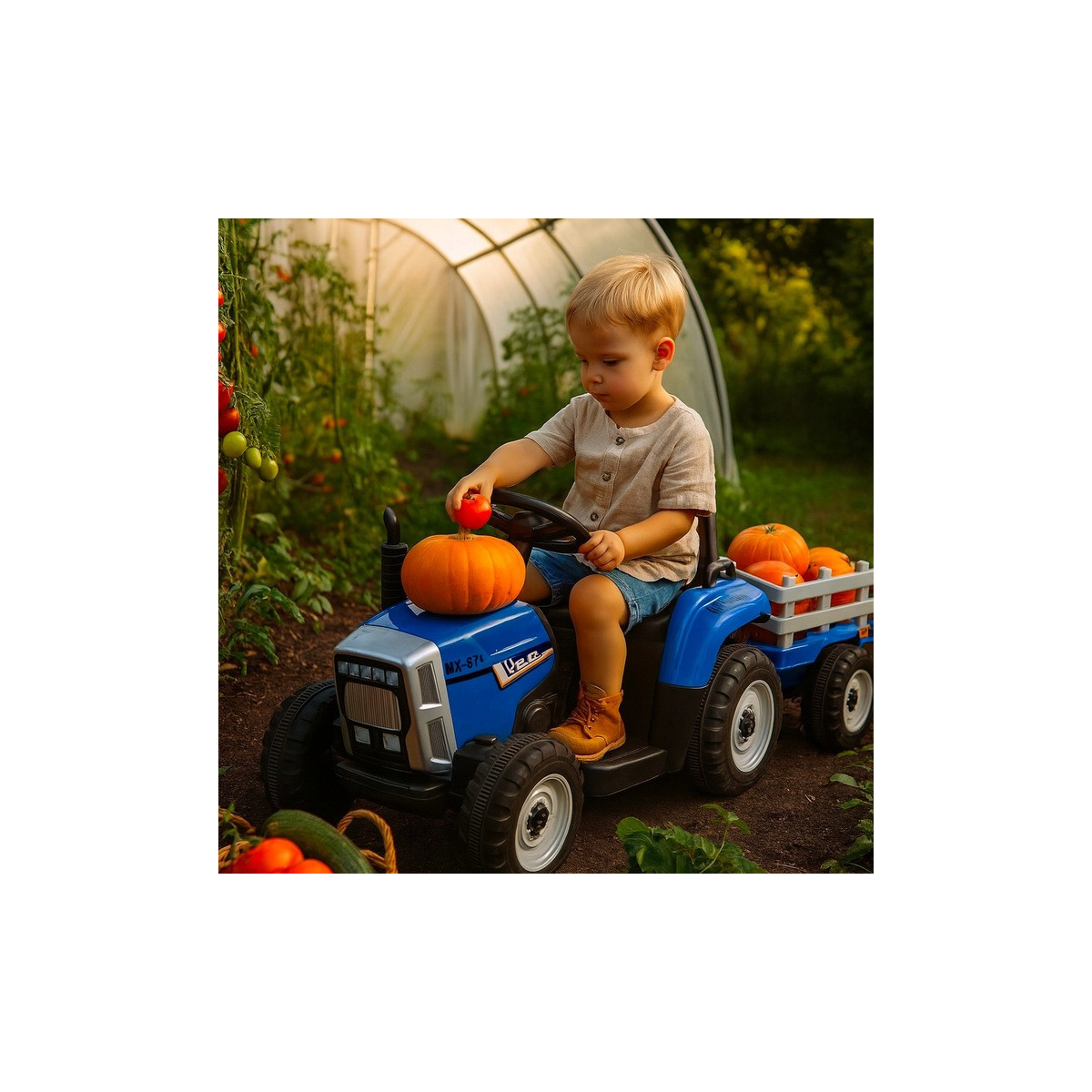 Tractor albastru pentru copii cu remorcă