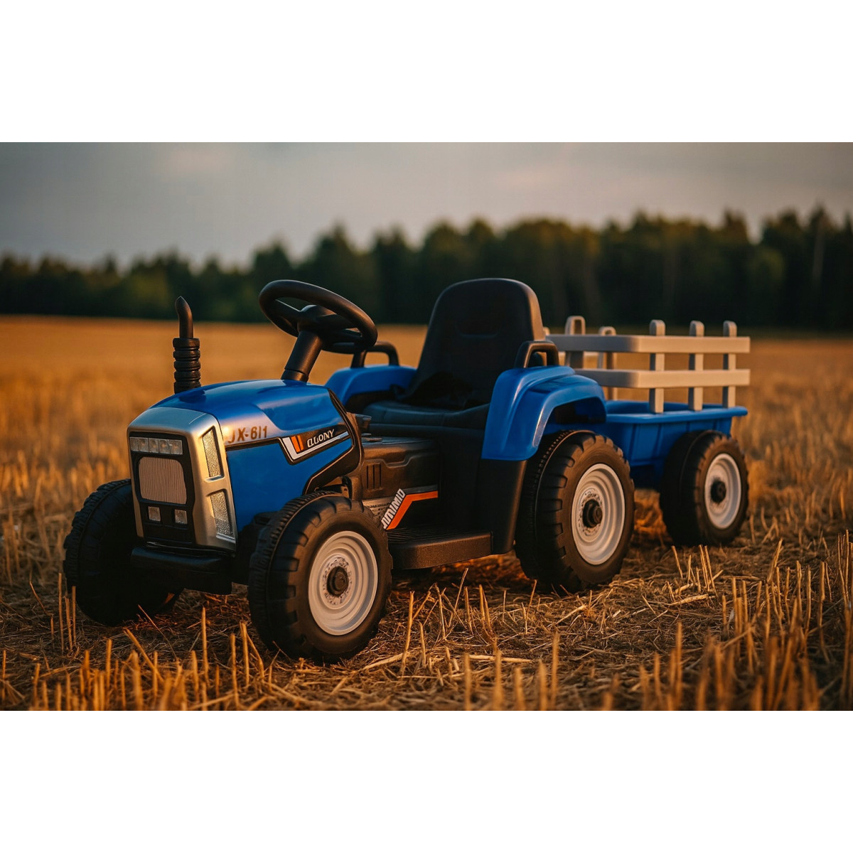 Tractor albastru pentru copii cu remorcă