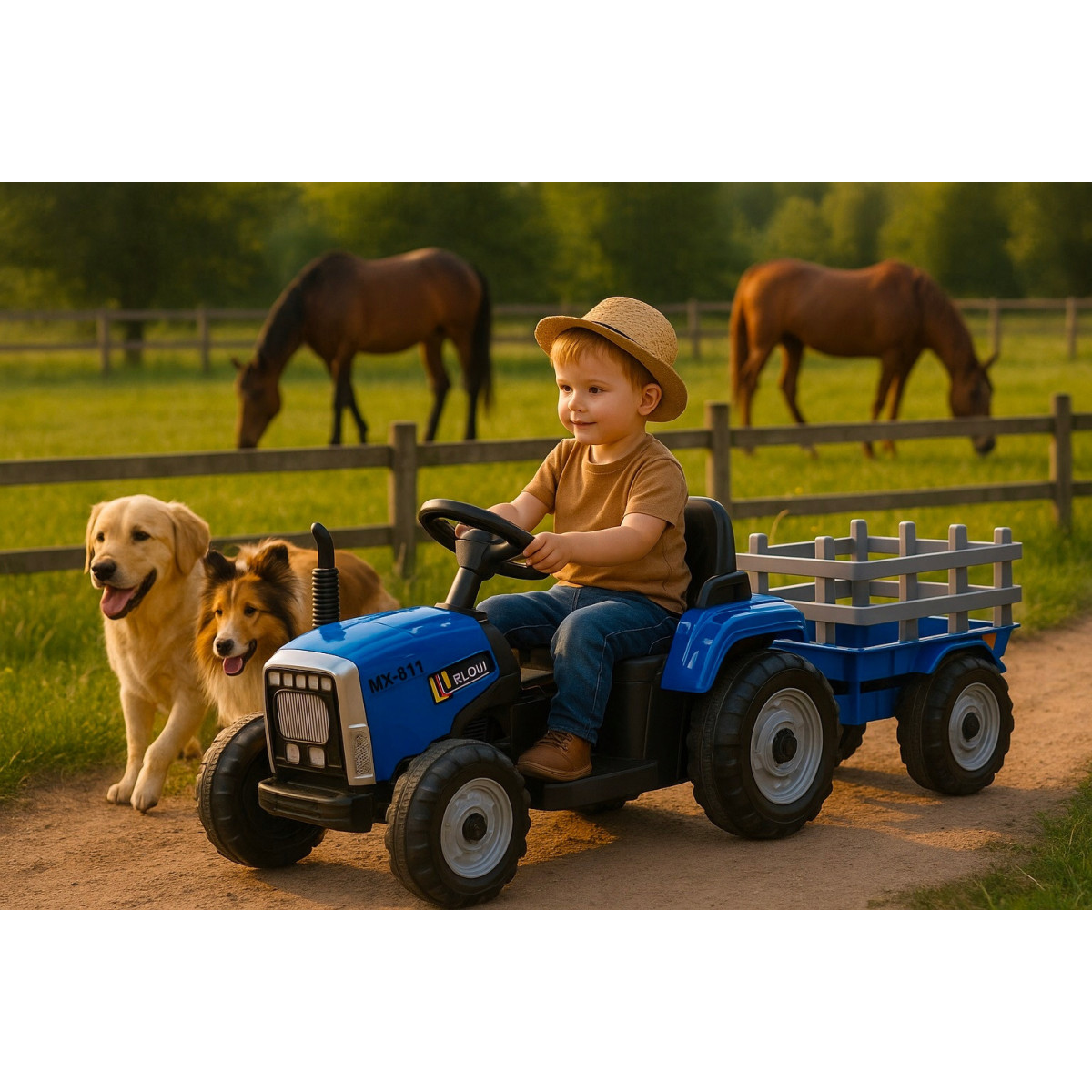 Tractor albastru pentru copii cu remorcă