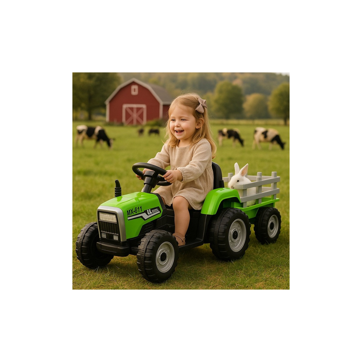 Tractor pentru copii cu remorcă de culoare verde