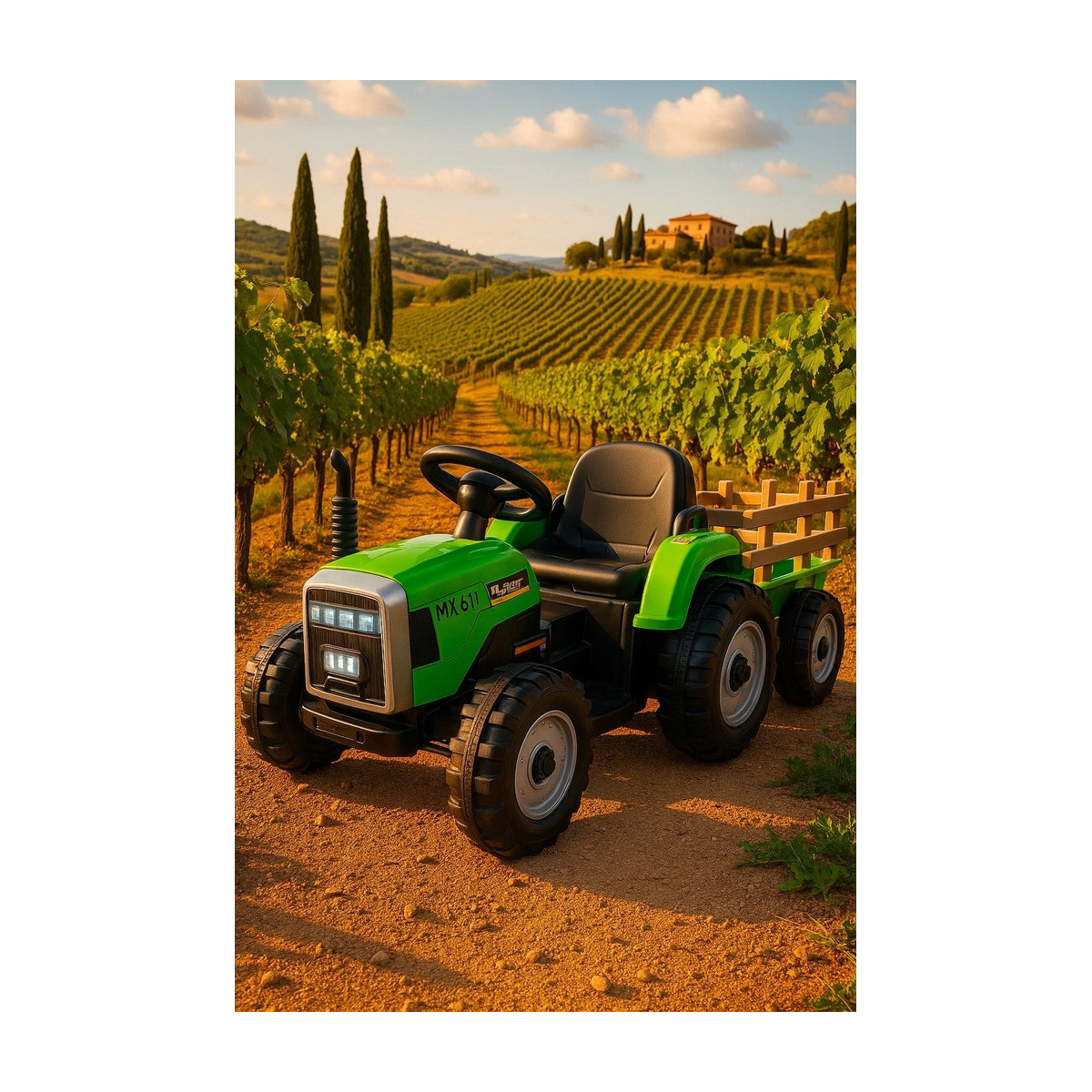 Tractor pentru copii cu remorcă de culoare verde