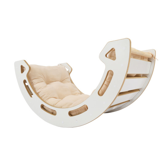 Leagăn echilibrat mare din lemn pentru copii cu pernă bej