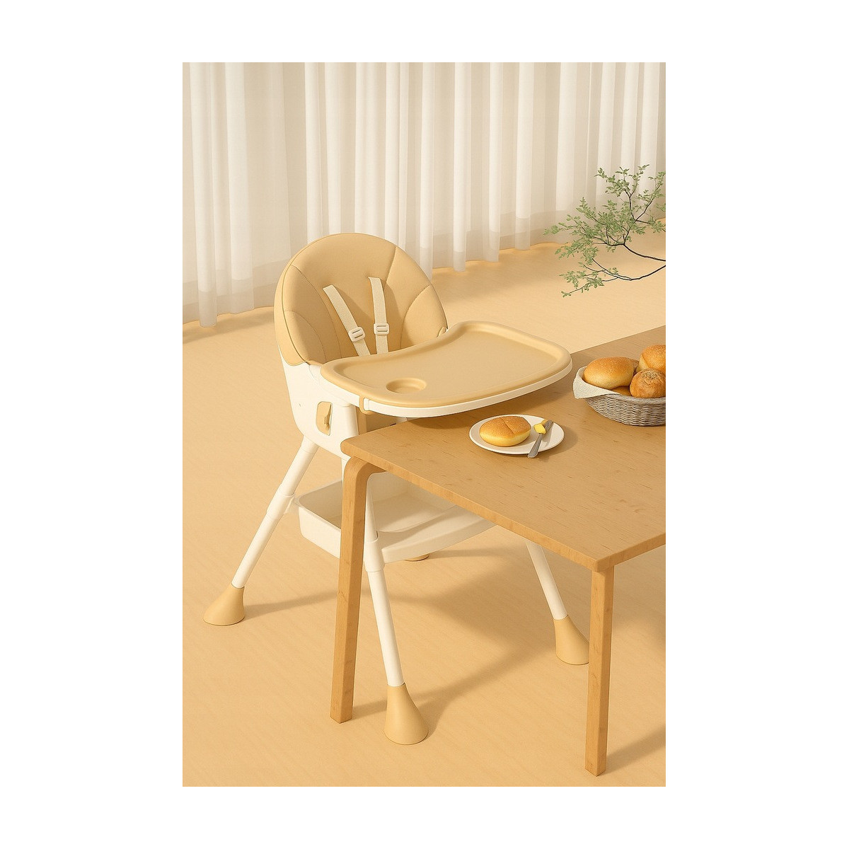 Scaun de masă pentru copii pliabil 4 în 1 cu tavă, bej